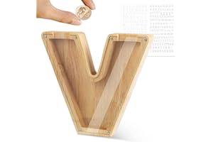 LEcylankEr Tirelire Personnalisée pour Enfants avec Lettres de A à Z en Bois Transparente - Décoration Créative - Cadeaux pour Anniversaire, Noël, Thanksgiving (V)
