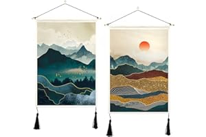 ORTIGIA Confezione da 2 arazzi giapponesi da appendere alla parete con nappe e foresta nebbiosa, arte da parete con sole natura paesaggio decorazione per la casa per camera da letto estetica 35,6 cm