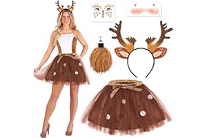 Beipegin 5 Pezzi Costume Renna Donna Gonna Tulle Cerchietto Renna Coda Renna Tatuaggi Temporanei Vestito Renna Costume Natale Accessori Natale Ddonna