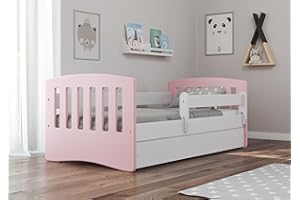 Bjird Letto per bambini singolo - con sponda anticaduta - con barriera - con Materasso cassettone estraibile e telaio a doghe per bambini e bambine - Classico - rosa cipria - 80 x 180 cm
