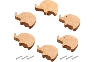 KACRILIDI 6 Stück Holz Tier Schrankknöpfe, Holzknäufe mit Tiermotiven, Holzgriffe für Schränke, Tierform Möbelknöpfe Kinder mit Schrauben, Knauf für Kinderschrank, Möbelknopf für Schubladen, Kommode, Elefant