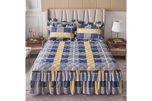Morbuy Gonna da Letto Trapuntata per Singolo Matrimoniale e Una Piazza e Mezza Elasticizzata Copriletto con Volant Coprirete per Letto Lenzuola con 2 Federe (120x200cm,Giallo Blu)