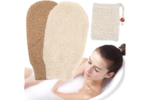 BIUCHJIU 3 Pack/Set Bamboo Fiber Exfoliating Gloves & Natural Sisal Soap Bags, Loofah Mitt Shower Body Scrub Gloves for Remove Dead Skin Shower Body Spa Massage (Exfoliating Gloves & Soap Bag)