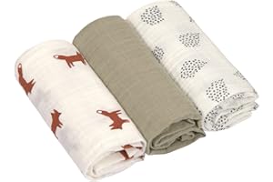 LÄSSIG Baby Puckdecke Spuckdecke Pucktuch Mulltuch 3er Set Baumwolle 60 x 60 cm/Swaddle & Burp Blanket M Little Forest Fox