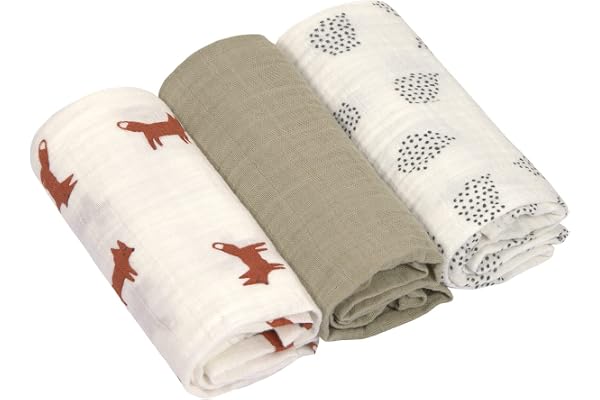 LÄSSIG Babyfilt barnomsorgslakan, set med 3 bomull 60 x 60 cm/Swaddle & Burp Blanket M Little Forest Fox