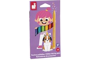 Janod 8 brokatowych pisaków, wysoka gęstość brokatu i nadający się do prania, różne kolory - kolorowanie dla dzieci - kreatywne hobby, scrapbooking, sztuka i rzemiosło - wiek od 3 lat - J07412