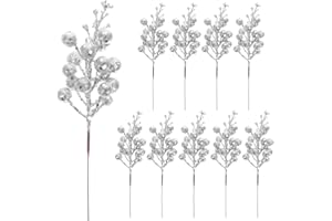 Alipis 10Pcs Christmas Glitter Berry Stems, Artificial Christmas Berry Picks Fake Branches Xmas Tree Filler Decorations DIY Crafts Supplies for Wreath, Garland, Silver