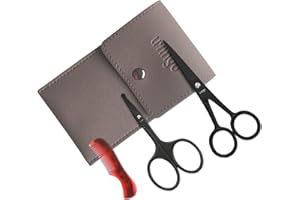 LIVINGO Ensemble de ciseaux à moustache pointus : ciseaux à poils de nez à pointe ronde, petit peigne de toilettage, pochette en cuir – Idéal pour couper les poils du visage, du nez
