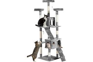 PawHut Large Cat Tree, 173 cm Cat Tower with 10 Scratching Posts, 3 Perches, 2 Condos, 1 Ramp, Kitty Climbing Tower, Activity Centre House for Indoor Kittens, Grey