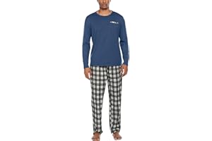 Ekouaer Herren Schlafanzug Lang Pyjama Baumwolle Langarm Shirt mit Tasche Pyjamahose Zweiteilig Set Nachtwäsche