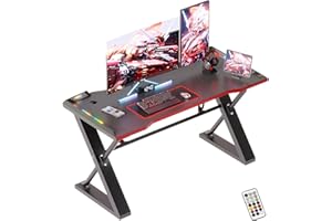 Xyphren 100 * 55 cm Gaming Desk with LED Lights, Gaming Table Thickened Z Shaped, Gamer Desk with Carbon Fiber Coated, Gaming PC Desk, Computer Desk Easy to Assemble, Carbon Fiber Black