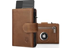 DODENSHA AirTag Wallet, RFID Blocking Genuine Leather Pop Up Credit Card Holder Wallet with Coin Pocket, ID Window, Banknote Compartment & Snap Closure