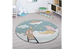 Paco Home Tappeto Bambini Cameretta Con Stelle Nuvola Luna Lepre Turchese Crema Rosa, Dimensione:80 cm tondo