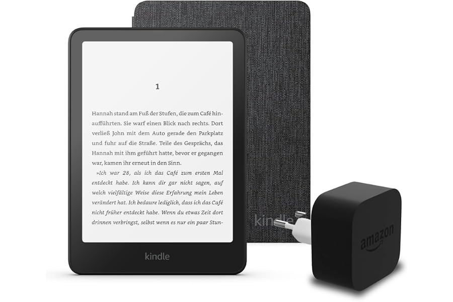 Den Kindle Paperwhite (Version 2024) mit 16 GB ohne Werbung, eine Amazon-Stoffhülle und ein Amazon P