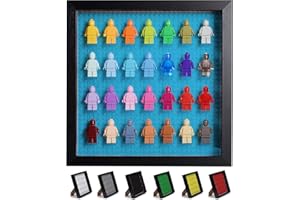 Tapeera Black Wooden Minifigure Display Case - Memorabilia Display Case for Figures - 11 x 11 Inch Shadow Box Frame - Wall and Table Top With Dust Protection - Up To 28 Figures (Blue, 3cm Depth)