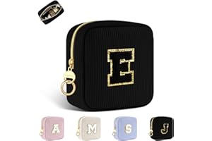 PLAYEXEN Petit Trousse Personnalisable Pochette Maquillage Femme Mini Trousse de Toilette Fille avec Initiale Sac de Cosmétiques en Velours Côtelé Personnalisée Cadeau Anniversaire Noël Filles Maman(Noir-E)