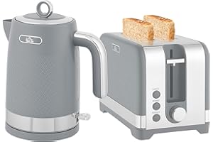 HOMCOM Kettle and Toaster Set, 1.7L 3000W Rapid Boil Jug Kettle with Otter Thermostat, Limescale Filter, 2 Slice Toaster with 7 Browning Controls, Crumb Tray, Grey