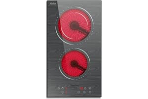 Glaskeramikkochfeld 2 Zonen, Hobsir Einbau Kochfeld 30cm, 3200W, Touch-Steuerung, Doppelte Zone, 9 Heizstufen, Sicherheitssperre, Zeitschaltuhr, Festverdrahtet, Kein Stecker