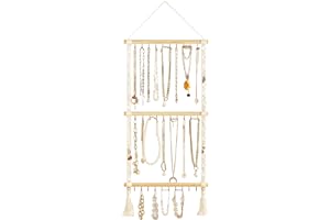 Dahey Hanging Jewelry Organizer Macrame Necklace Holder with 30 Hooks Wall Mounted Jewelry Hanger Over Door Necklace Rack with Tassel for Necklace Bracelet Earring Headband Bow Organizer