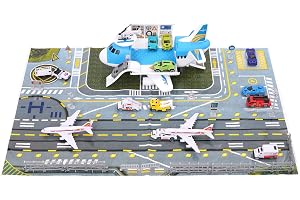 Maycoly transport flygplansleksak, totalt 15 rörelsemedel med trafikskyltar och lekmattor, flygplan för barn med helikopter, billeksaker barn 3+ pojkar flickor