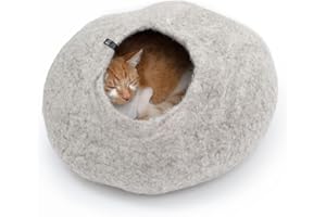 LucyBalu® Premium Katzenhöhle aus Filz | Natürliches Katzenbett aus 100% Flauschiger Wolle | Filzhöhle für Katzen handgefertigt in Nepal | Kuschelhöhle für Katzen | 45x45x28 cm | Hellgrau