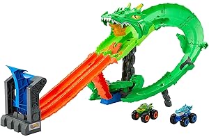 Hot Wheels Monster Trucks Sharks vs. Dinos Destrucción del dragón Conjunto de pistas con Great Bite y Rageasaur a escala 1:64 para correr carreras y derrotar a la némesis cíborg, JGB06