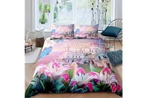 LOUSSIESD Juego de Funda de edredón para niñas,Castillo de Princesa,Mariposa, Rosa,Lirio,Funda de edredón de Cuento de Hadas,King