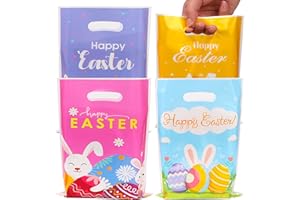 ZJHIOME Easter Party Favor Bag, 50 Pieces Plastic Happy Easter Gift Bags 4 Designs Bunny Treat Bags with Handle for Spring Party Supplies(Pastel)