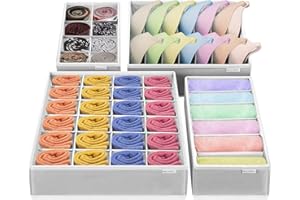 FACIACC Underwear Drawer Organiser Divider, 4 Pack Wardrobe Clothes Organiser, Drawer Organizers with Foldable Storage Box for Underwear, Bras, Socks, Ties, Towel (Light gray)