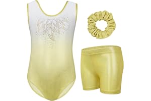Gogokids Ensemble de Gymnastique Trois Pièces pour Filles, Justaucorps Sans Manches avec Shorts et Bandeau, Tenue de Gymnastique avec Design de Couleur Scintillants Dégradée pour 3 à 12 Ans