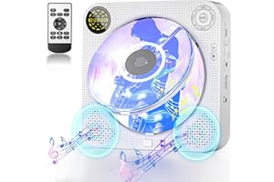 DESOBRY Lettore CD portatile con Bluetooth, lettore CD a parete con altoparlanti, schermo LED anteriore, telecomando, supporto FM/USB/AUX (senza batteria)