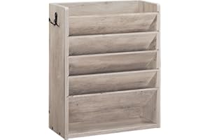 CHOEZON Wall File Organiser, 6-Tier Vertical Mount Hanging Holder with 2 Side Hooks, Modern Wooden Magazine Storage Holder with Bottom Tray, Desk Organizer, for Office, Home, Greige DMWJ01FH