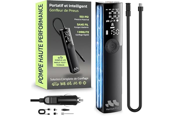 Woowind Compresseur à Air Portatif, Gonfleur de Pneu Premium, 2X Plus Rapide, 150PSI Pompe à Air pour Pneus de Voiture avec Câble 12V pour SUV & Tout-Terrain, Arrêt Automatique