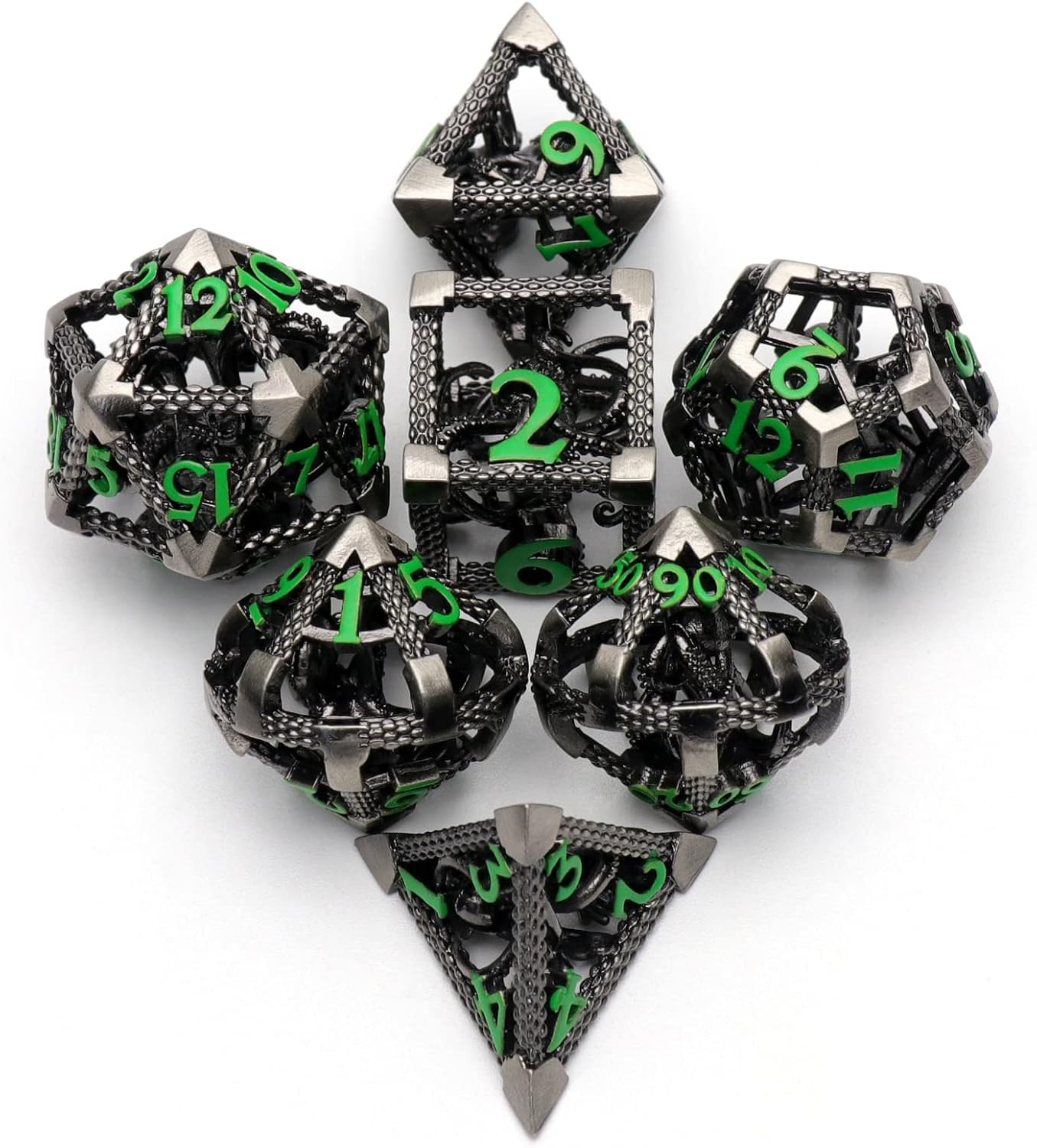 HNCCESG Juego de Dados de Metal D&D, Dungeons and Dragons Dice Juego de Dados de Metal Poliédricos Pulpo Huecos para Juegos de rol D y D para Juegos de Mesa (Cthulhu Número Verde)