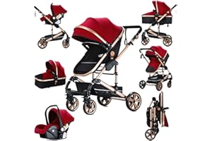 Prokoke Carrito Bebe 3 en 1, Carrito Bebe con Empuje Reversible de Dos Vías, Carro 3 Piezas con Estructura de Aleación Aluminio, Cochecito Tres Piezas Para Recién Nacidos (739 Red)