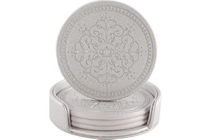LISRSC Coasters Set of 4 - PU Leather Mat with Holder - Silver Round Coasters for Drinks - Coffee Table Pads Set Gifts for Home,Bars,Cafes,Party,Office Decor
