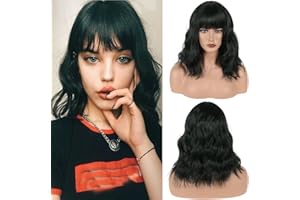 Cybelleza Bob Peruka ciemnozielona z grzywką, naturalna krótka, kręcona, falowana, 35 cm, odporna na ciepło syntetyczna peruka, długość do ramion, na co dzień, cosplay