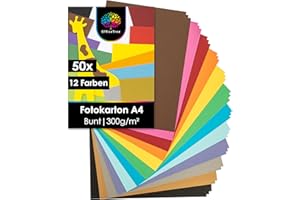 OfficeTree 50x Bastelkarton A4 300g - 12 Farben - Tonkarton A4 Bunt - Pappkarton - Pappe zum Basteln - Fotokarton 300g