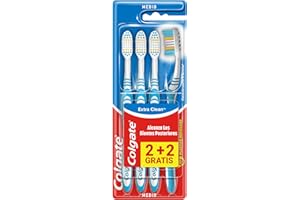 COLGATE Cepillo de dientes Extra Clean medio, limpia alcanzando hasta los dientes posteriores Pack 2+2, Multicolor (CP21509)