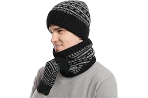 KRUIHAN Cappello Sciarpa e Guanti Set Guanti da Uomo Touch Screen Berretto Foderato in Pile Elasticizzato Cappello Sciarpa Inverno Termico 3 PZ Set Regalo per Uomo