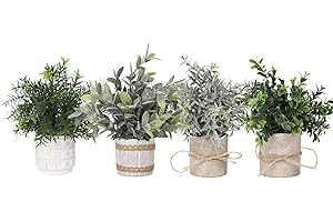 YVONNEYI 4Pcs Artificial Plants Indoor, Faux Plants for Indoors, Small Fake Plants Mini Greenery in White Pot for Home Bathroom Kitchen Office Room Shelf Decor
