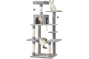 MSmask Kratzbaum groß, L Katzenbaum Stabil, Katzenkratzbaum mit Plattformen, Katzenhöhlen, Hängematte, Sisalsäulen, mehrstöckiger Kletterbaum für Katzen (Hellgrau)