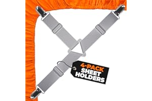 5 STARS UNITED Bed Sheet Straps Set 4 pcs - Grey Sheet Holders for Corners - Full Mattress Cover Fitted Sheet Clips to Hold Sheets in Place - Premium Nickel-plated Bed Sheet Clips with Adjustable Bed Bands