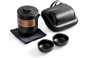SERLIUM Teiera Giapponese Fornello Portatile con Tazze per 2 Servizio da tè in Ceramica con Scatola Il Design a Becco D'aquila Separa Efficacemente le Foglie di tè Maniglia Isolata in Legno Set per Esterni