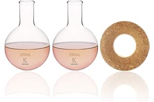 LABBOX KENZIUM - Set di 2 Matracci a Fondo Tondo con Supporto, 250 ml di Capienza Ciascuno | Vetro borosilicato 3.3, Molto Resistente, con Collo Stretto, Ideale per Ebollizione | Laboratorio
