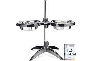 PetTec Ciotole per Cibo e Acqua - Doggy Bar con Rialzo Regolabile - Supporto Rialzato per Mangiare e Bere per Animali Domestici - Base Antiscivolo, Ciotole in Acciaio Inossidabile - 1,6L Nero