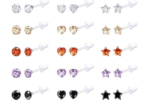 KALVICA 15 Pairs Clear Acrylic Stud Earrings for Women Color Rhinestone Ear Studs Heart Star Plastic Stud Earrings Cubic Zirconia Birthstone Stud Earrings Set 4MM Earring Retainers