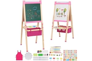 EULEUY 3 en 1 Chevalet Enfant avec Rouleau de Papier, Rangement et Kit de Dessin, Tableau Double Face Enfant, Tableau de Griffonnage pour Kids, Planche à Dessin pour Enfants à partir de 4 ans