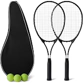 Amazon Basics Tennis Racket Set with 2 Adult 27" Rackets, 3 Balls and 2 Overgrips, Black