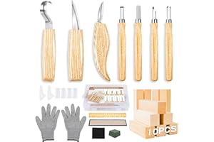HOMCA Set di Utensili da Intaglio in Legno, 32 pezzi con Guanti Resistenti al Taglio, Pietra per Affilare, Righello, Scatola, Coltelli da Intaglio Legno per Adulti, Bambini, Principianti